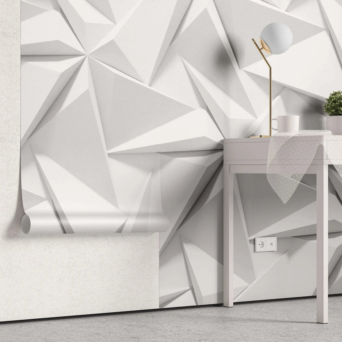 Tapet personalizat 3d cu forme geometrice triunghiulare albe in relief bedsheets