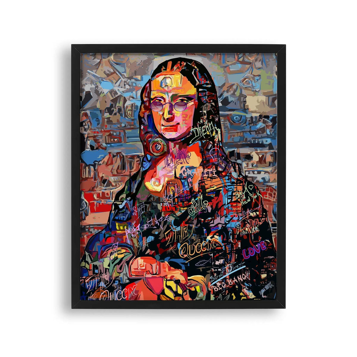 Tablou cu rama ce prezinta o interpretare colorata a celebrului Tablou mona lisa de leonardo da vinci mona lisa