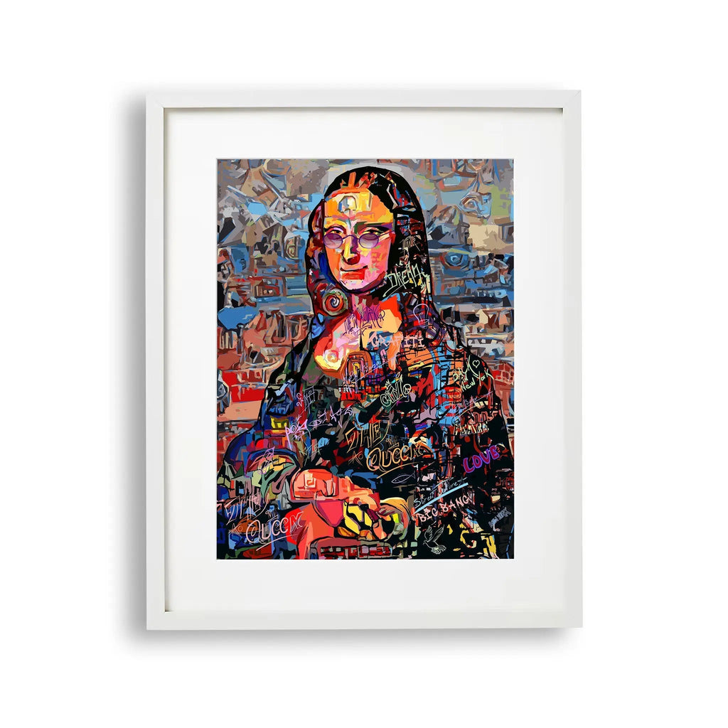 Tablou cu rama ce prezinta o interpretare colorata a celebrului Tablou mona lisa de leonardo da vinci mona lisa