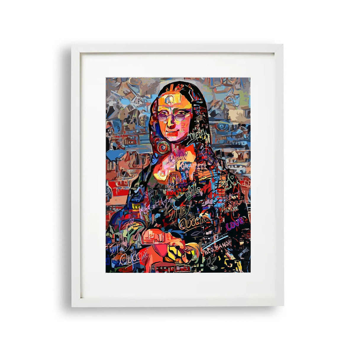 Tablou cu rama ce prezinta o interpretare colorata a celebrului Tablou mona lisa de leonardo da vinci mona lisa