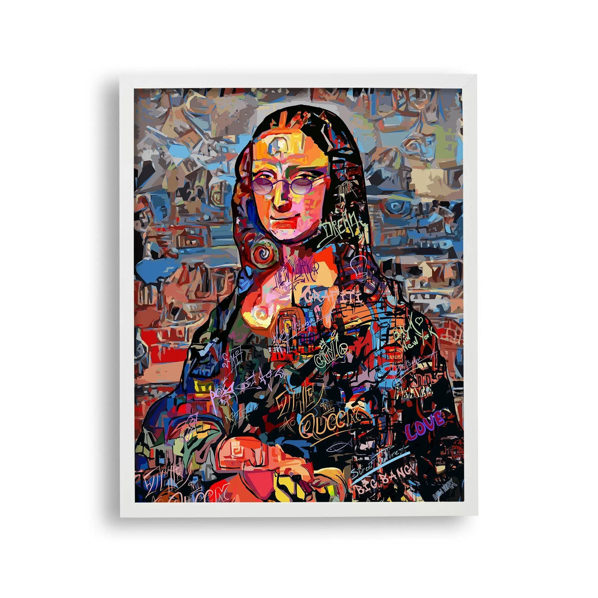 Tablou cu rama ce prezinta o interpretare colorata a celebrului Tablou mona lisa de leonardo da vinci mona lisa