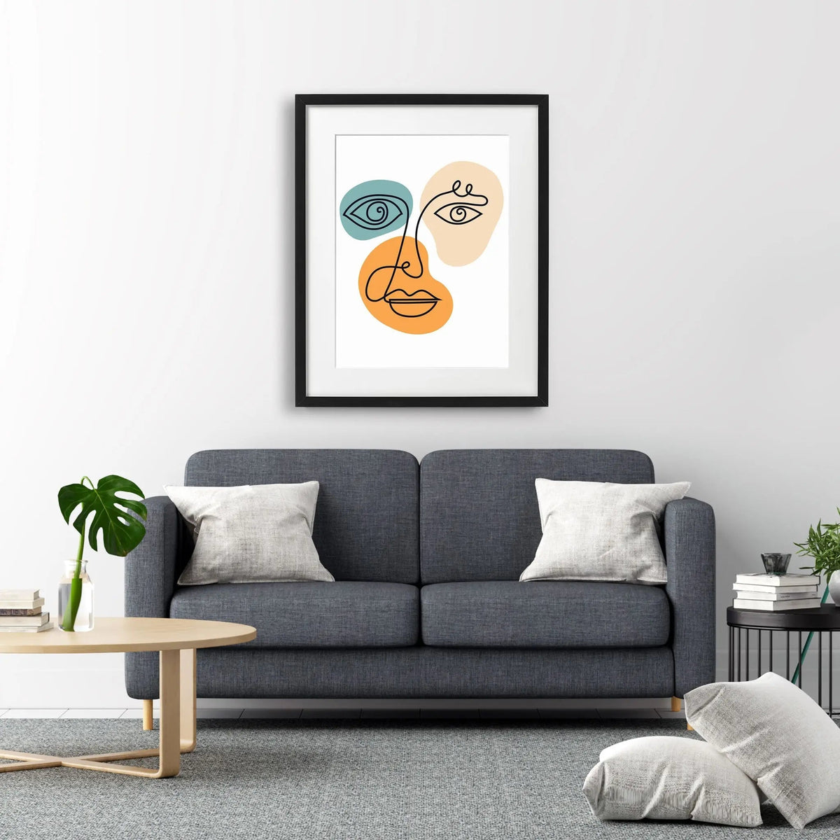 Tablou cu rama ce prezinta un portret al unei fete de femeie in stil cubist cu accent pe silueta si forme geometrice texturate care evoca minimalismul minimalistic female