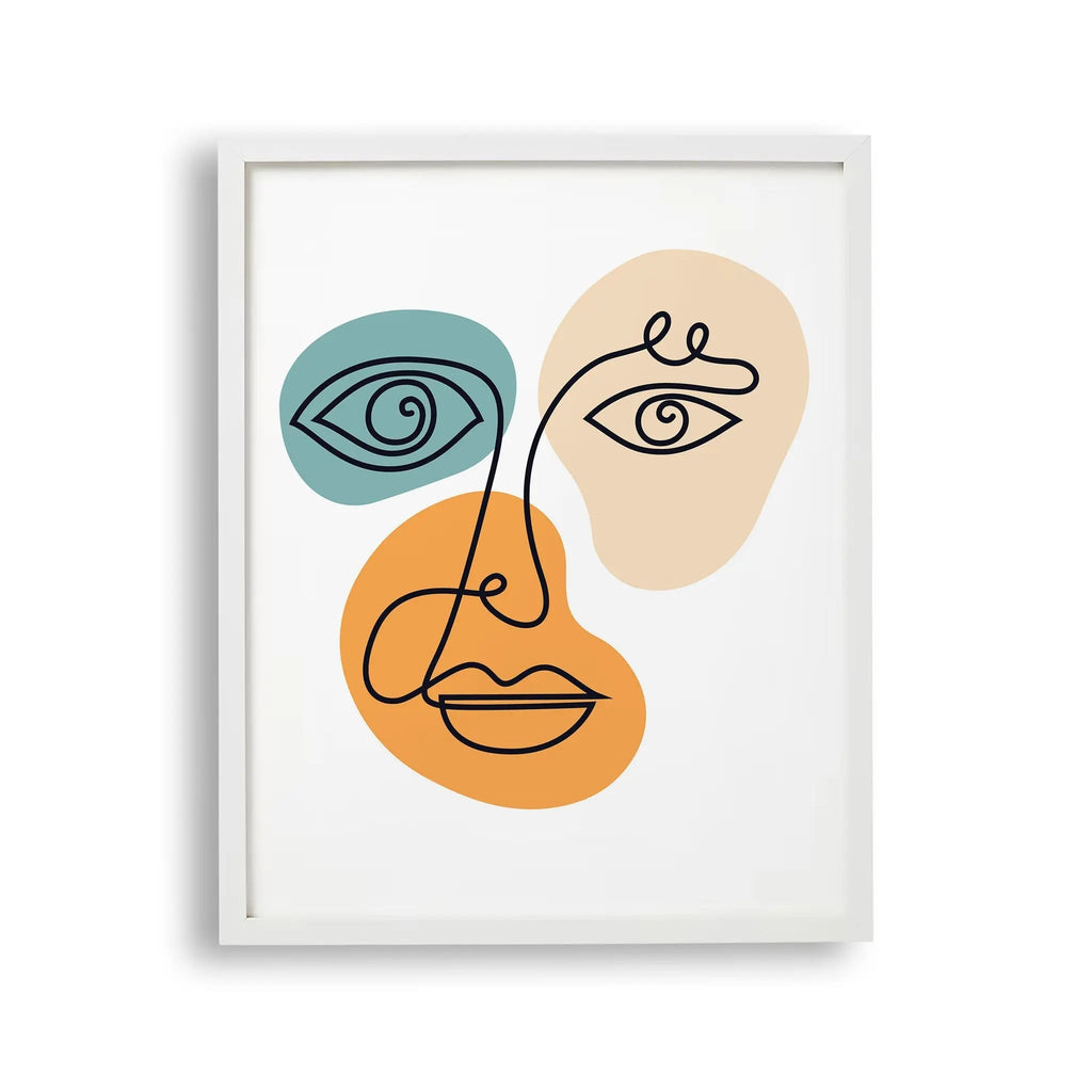 Tablou cu rama ce prezinta un portret al unei fete de femeie in stil cubist cu accent pe silueta si forme geometrice texturate care evoca minimalismul minimalistic female