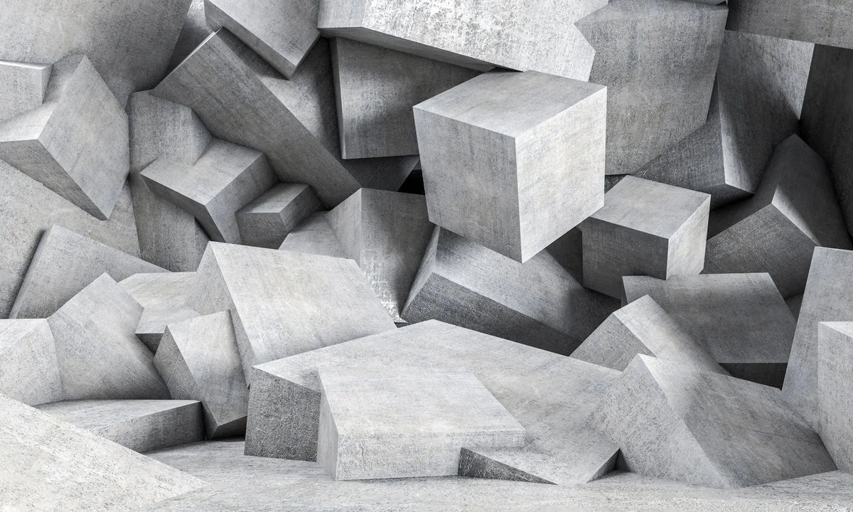 Tapet personalizat 3d cu blocuri de ciment imbinate asimetric in nuante de gri deschis concrete blocks light