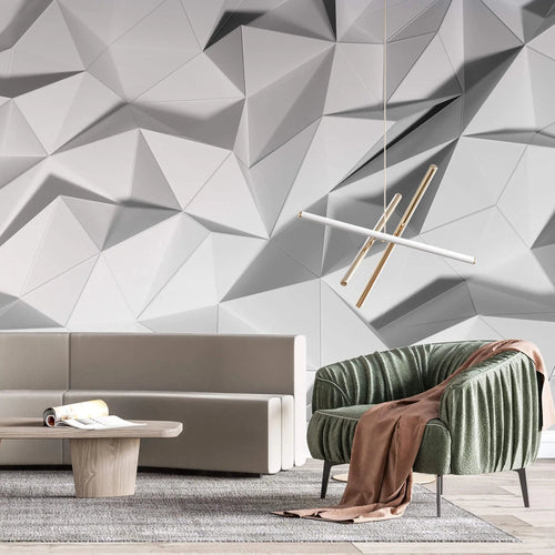 Tapet personalizat 3d cu forme fine geometrice triunghiulare albe in relief 3d white geometrics