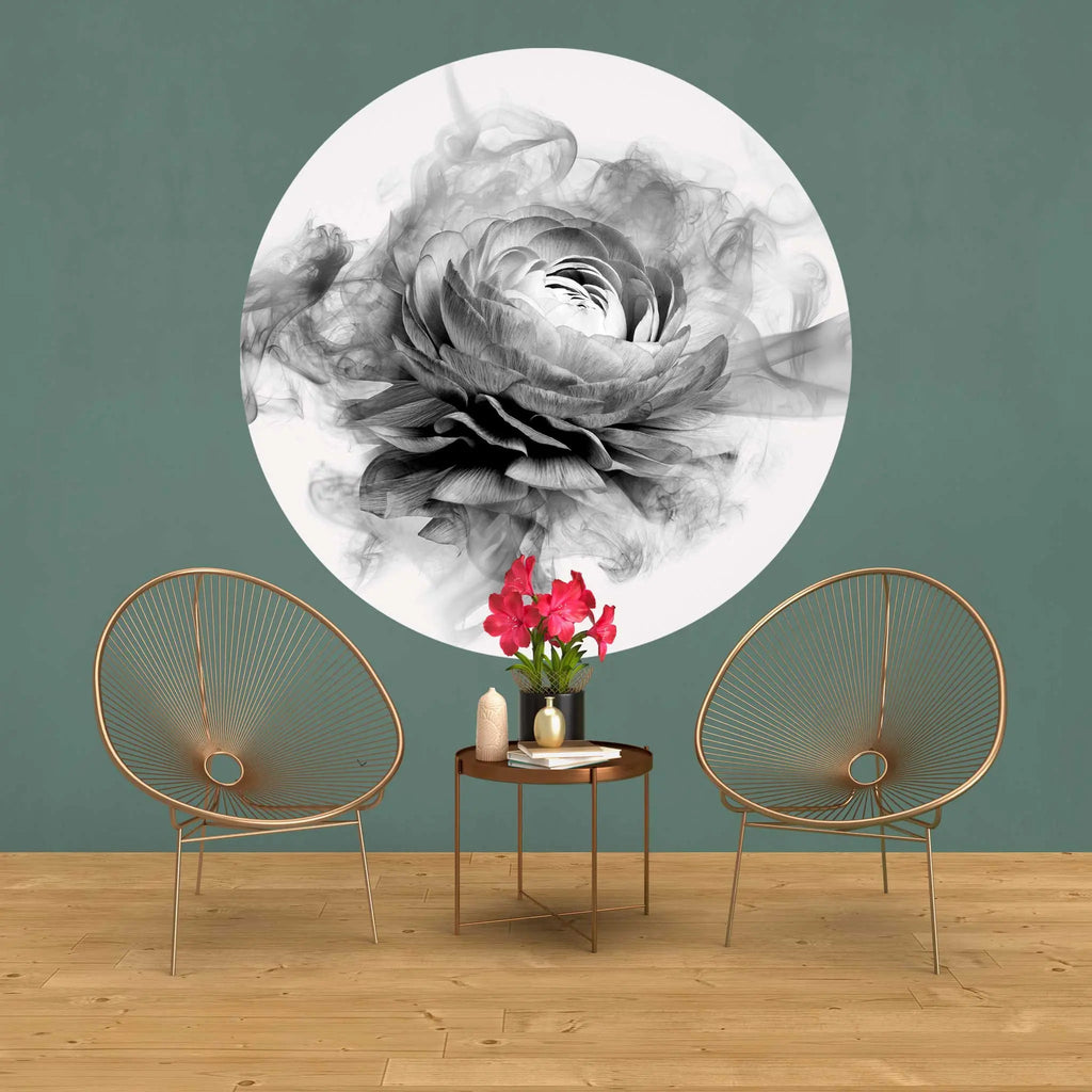 Sticker perete rotund floral cu bujor in alb negru fumuriu smokey peony