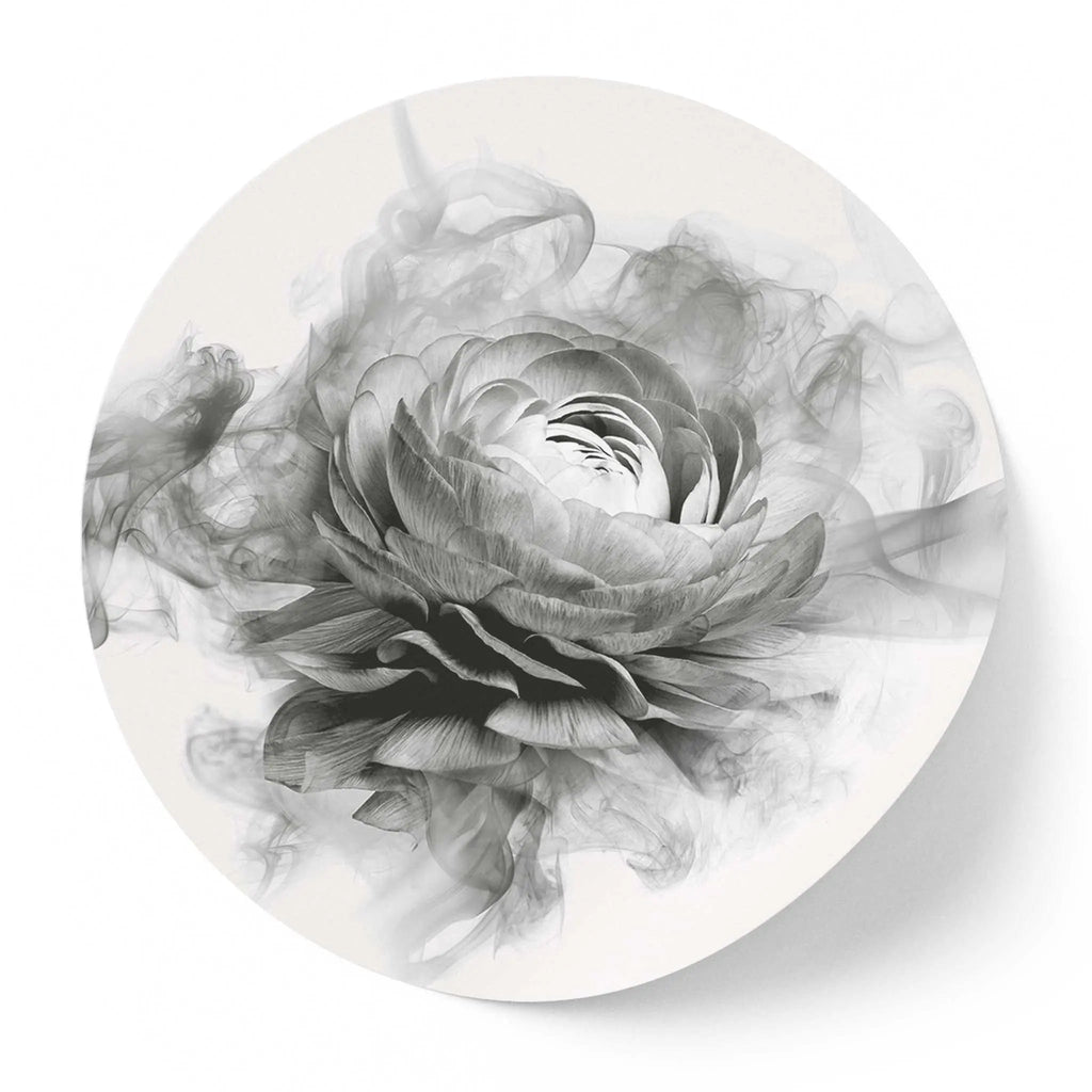Sticker perete rotund floral cu bujor in alb negru fumuriu smokey peony