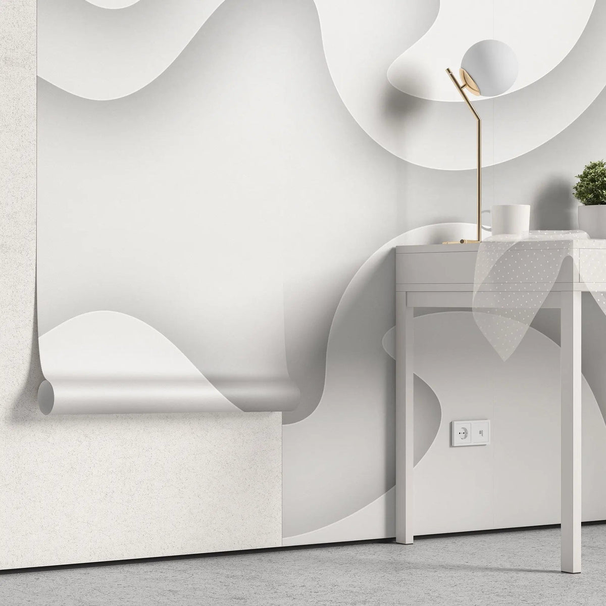Tapet personalizat 3d cu design abstract in nuante de alb si umbre gri white frequency