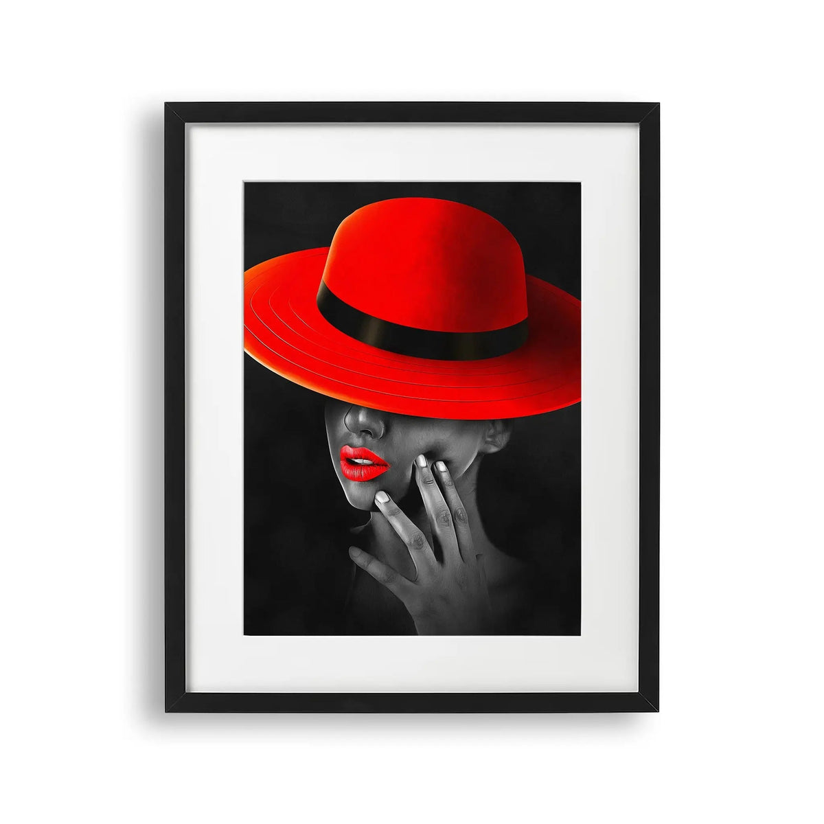 Tablou cu rama care ilustreaza o imagine alb negru moderna a unei fete frumoase purtand o palarie rosie red hat beauty