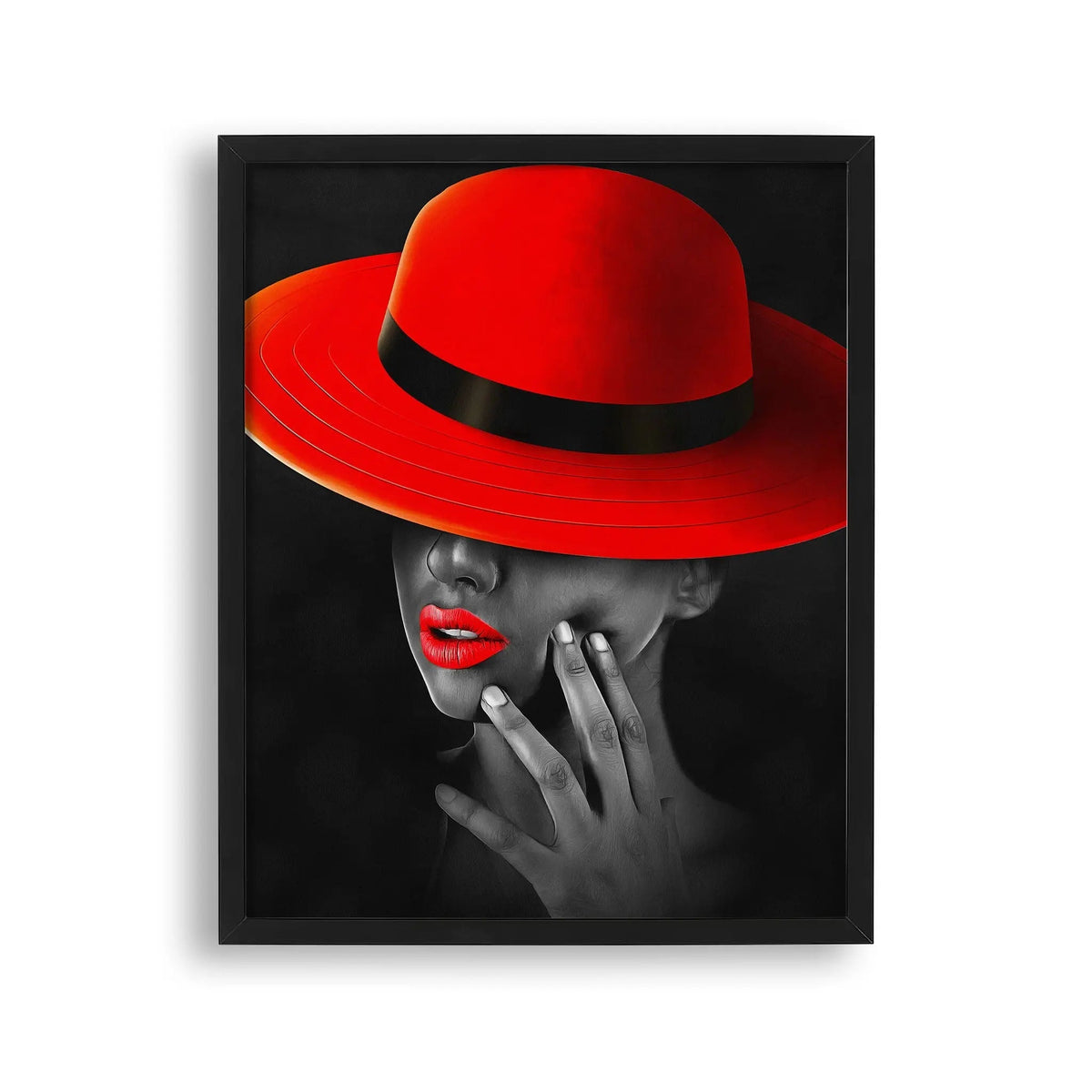 Tablou cu rama care ilustreaza o imagine alb negru moderna a unei fete frumoase purtand o palarie rosie red hat beauty