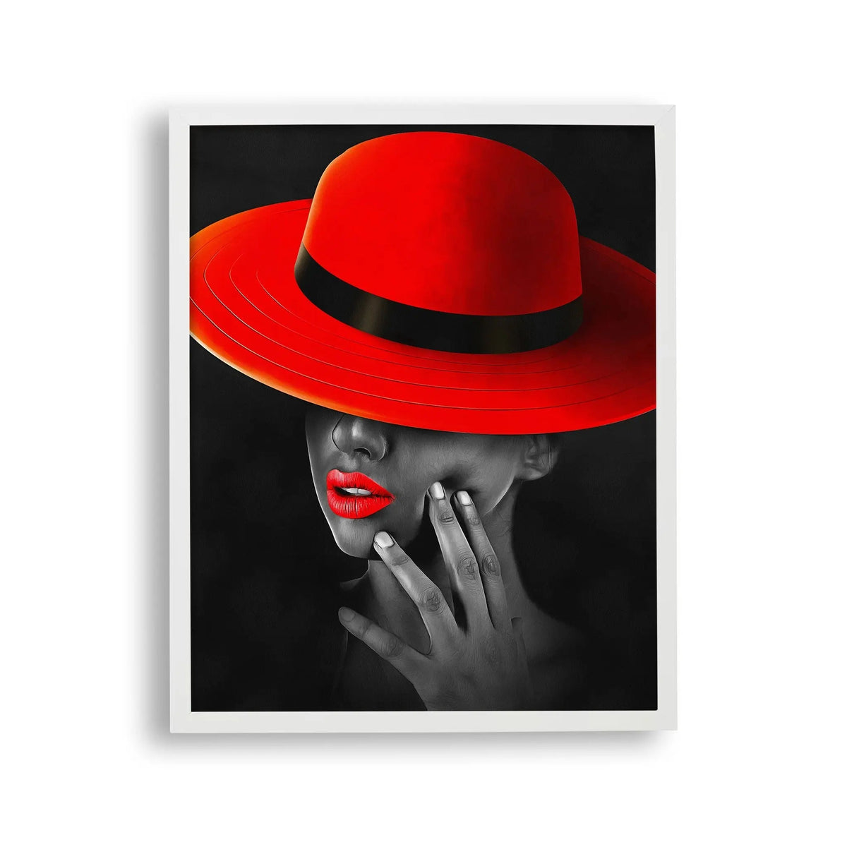 Tablou cu rama care ilustreaza o imagine alb negru moderna a unei fete frumoase purtand o palarie rosie red hat beauty