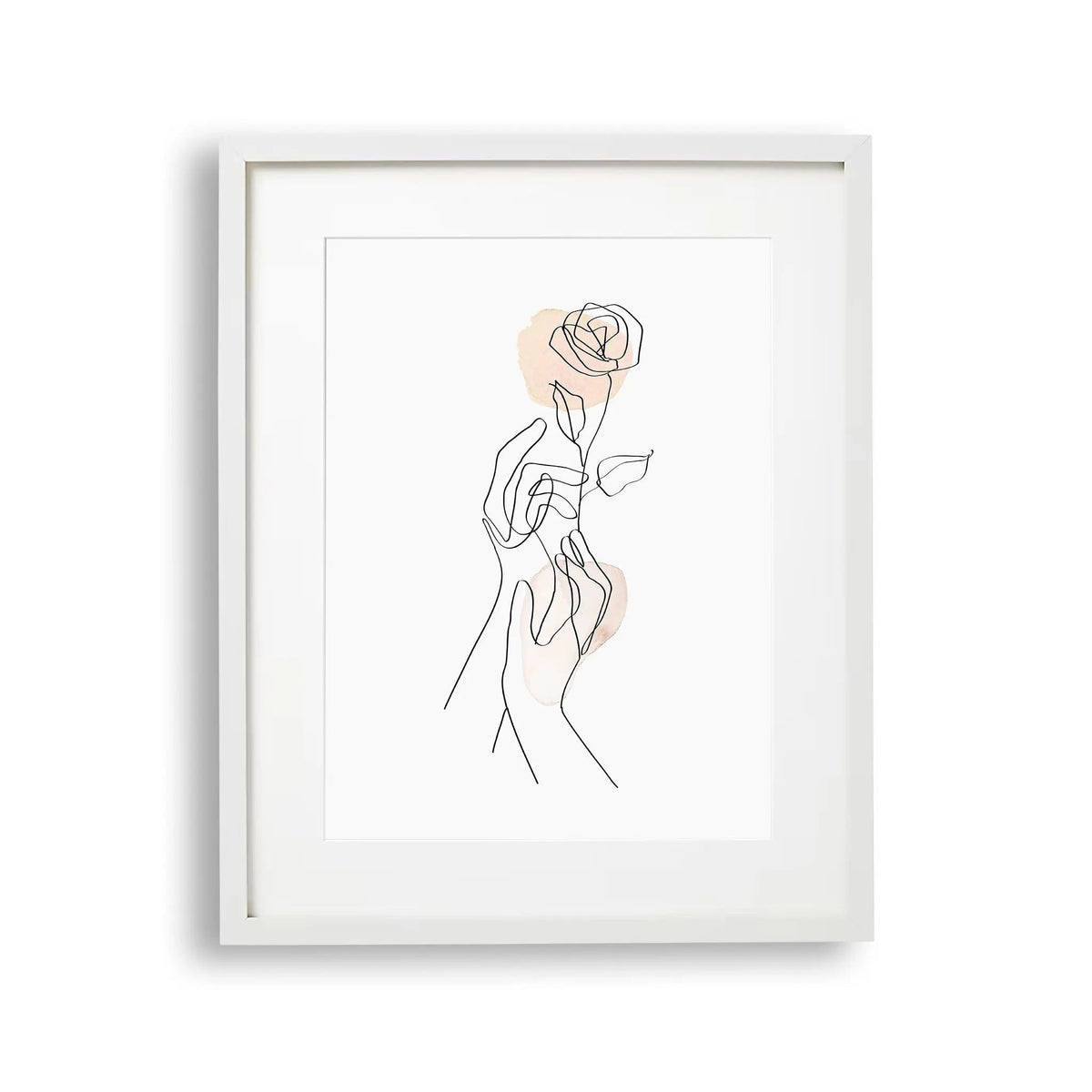Tabloul cu rama care ilustreaza un desen line art simplu si elegant cu 2 maini tinand un trandafir gentle gesture