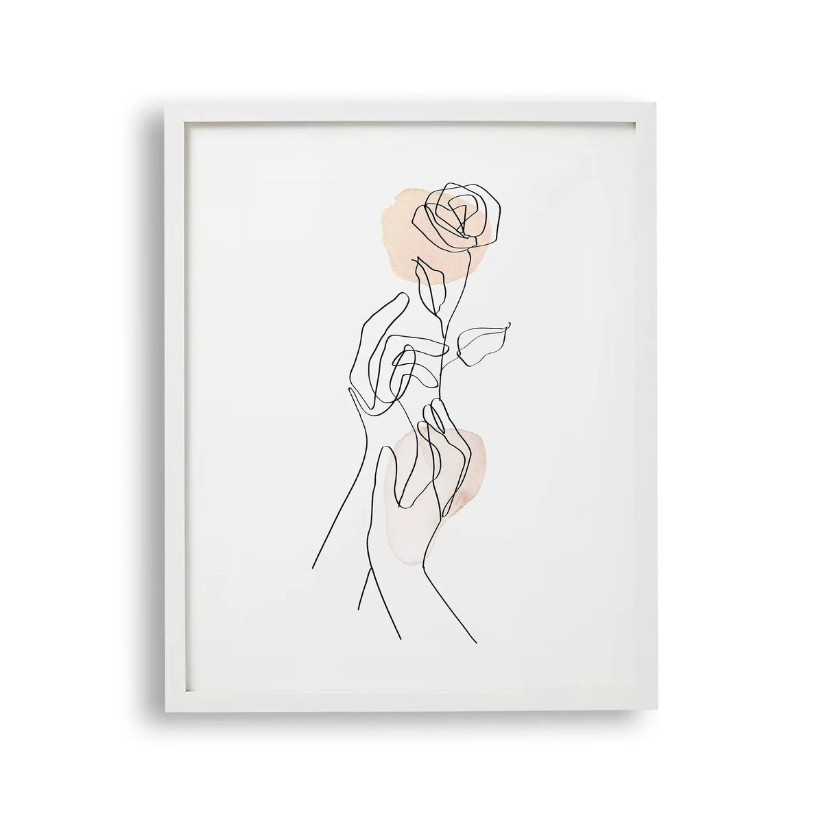 Tabloul cu rama care ilustreaza un desen line art simplu si elegant cu 2 maini tinand un trandafir gentle gesture