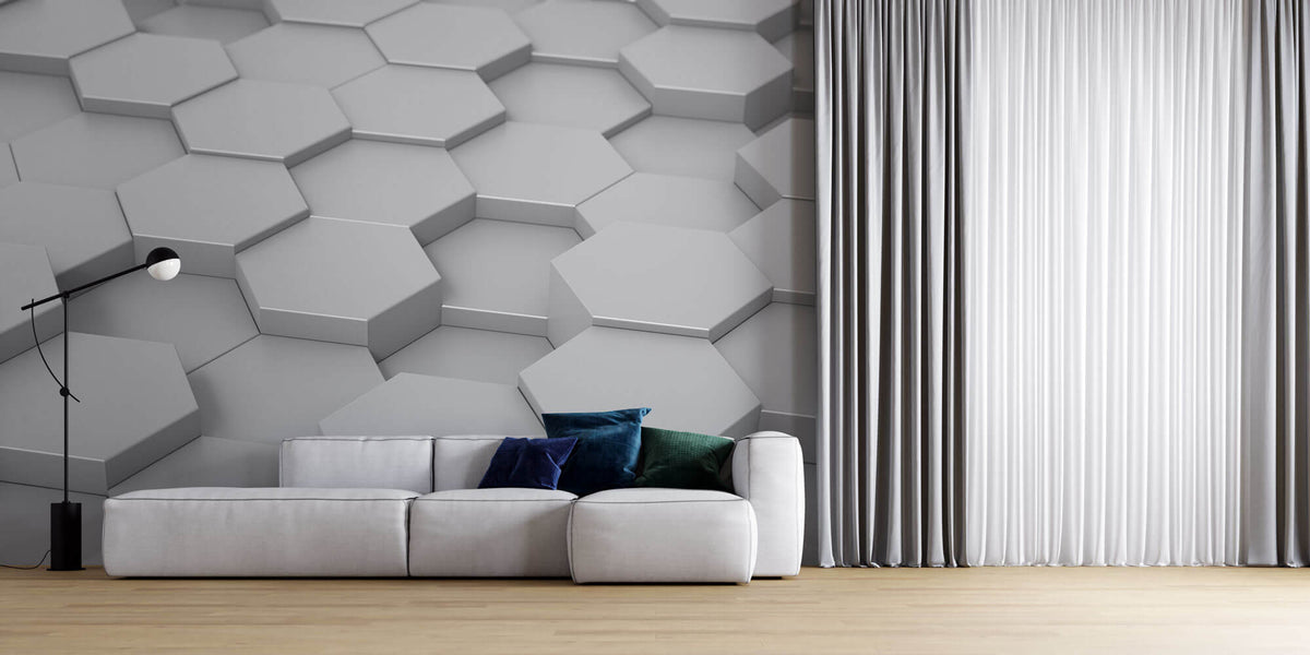 Tapet Personalizat 3D cu hexagoane iesite in relief in nuante de alb-gri vazute din apropiere - CLOSE UP HEX
