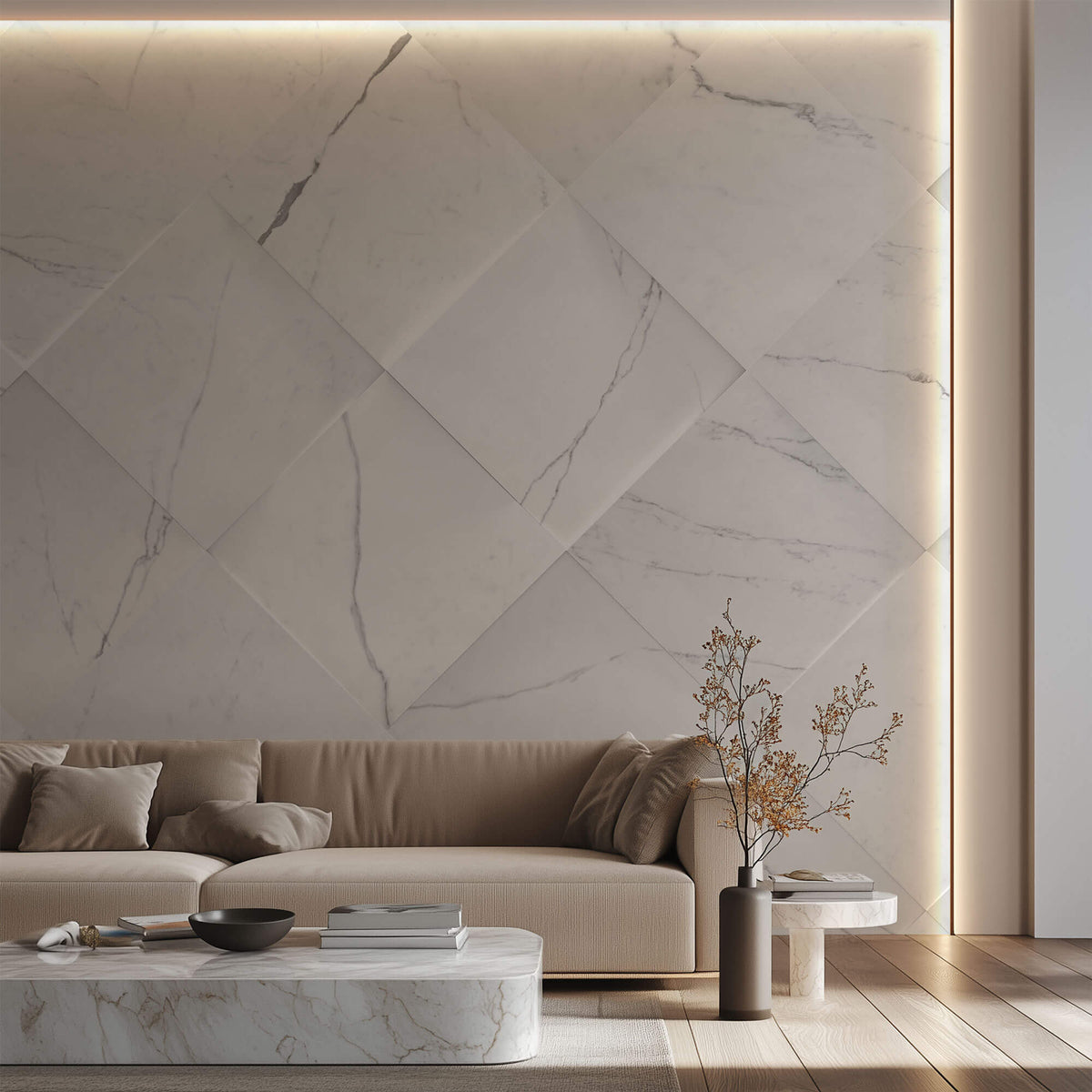 Tapet Personalizat 3D cu elemente de marmura alba iesite in relief - 3D MARBLE