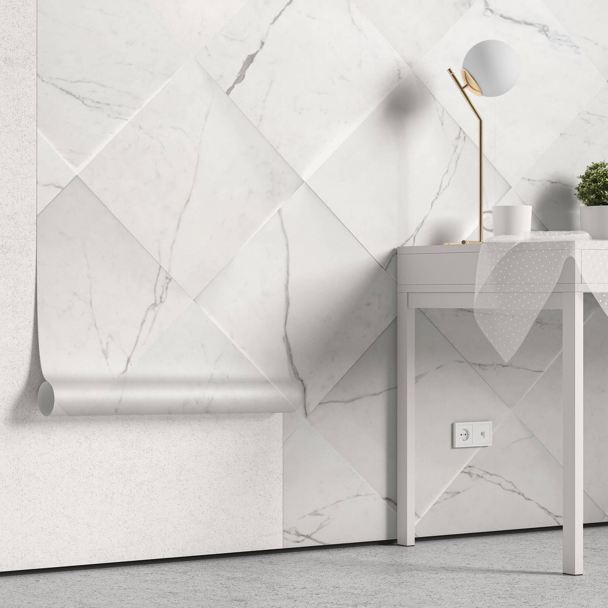 Tapet Personalizat 3D cu elemente de marmura alba iesite in relief - 3D MARBLE
