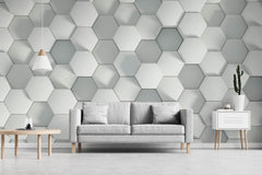 Tapet Personalizat 3D cu hexagoane albe iesite in relief cu efect de lumina si umbra - SHADOW HEXAGONS