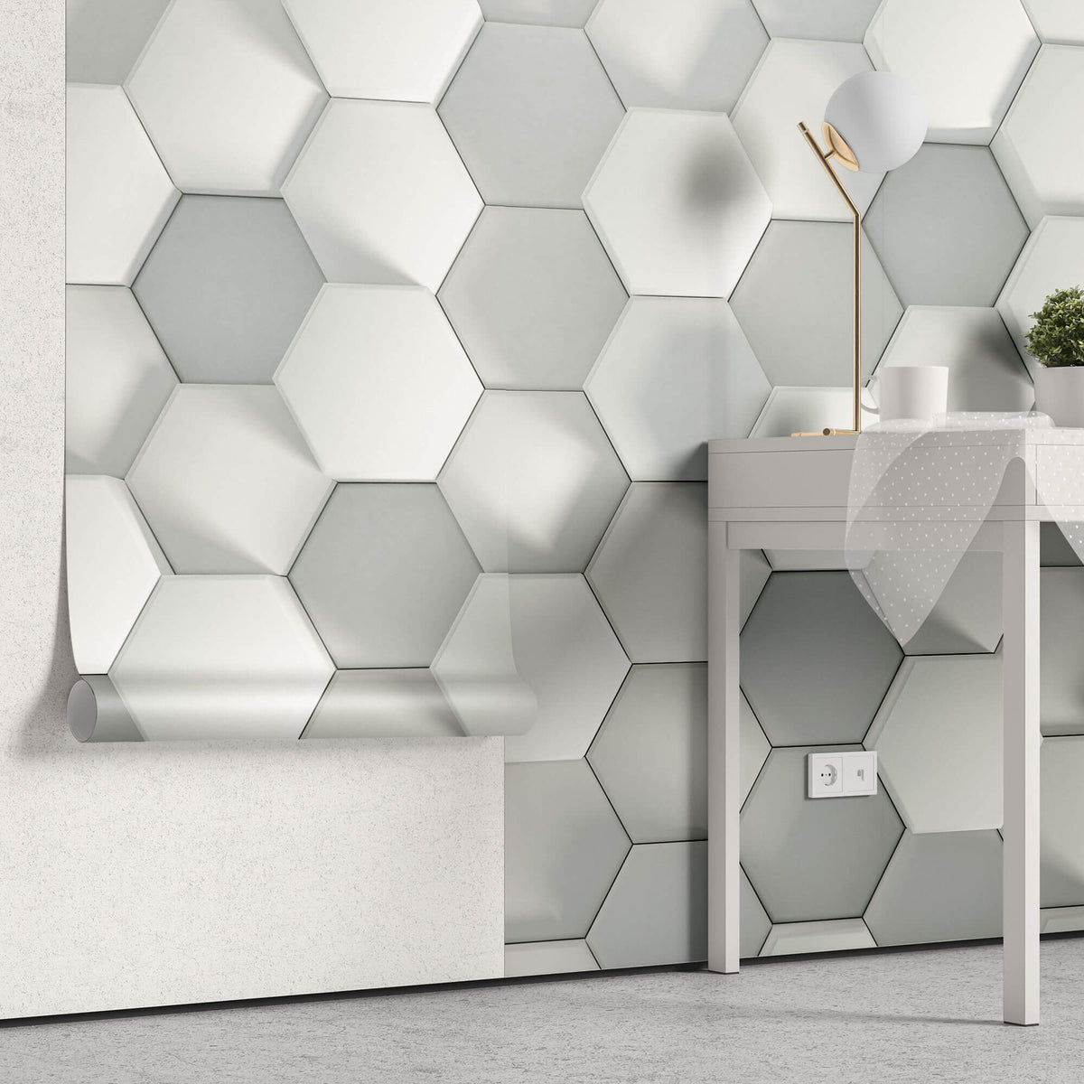 Tapet Personalizat 3D cu hexagoane albe iesite in relief cu efect de lumina si umbra - SHADOW HEXAGONS