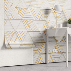 Tapet Personalizat 3D cu triunghiuri din lemn albe cu insertii aurii iesite in relief - WOODEN TRIANGLES