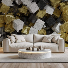 Tapet Personalizat 3D cu cuburi mici de marmura alba neagra si aur - GOLDEN SUGAR