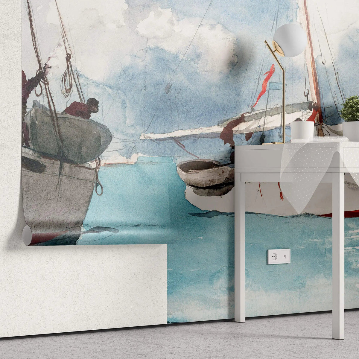 Tapet personalizat watercolor cu barci albe lizzie boat