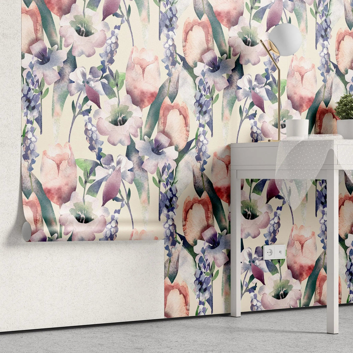 Tapet personalizat watercolor cu lalele si irisi colorati in stil de pictura tulips & irises