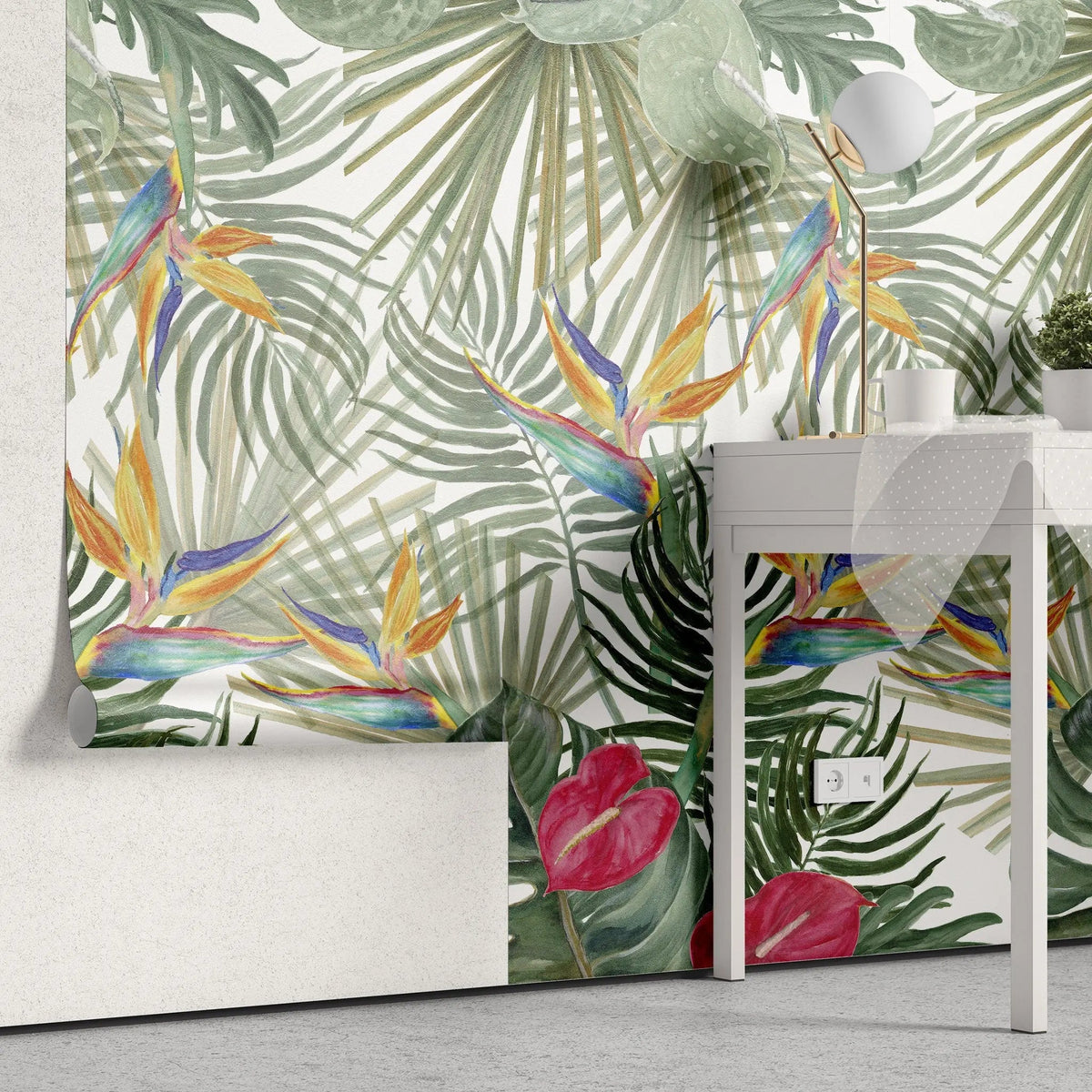 Tapet personalizat watercolor cu pasarea paradisului si plante verzi watercolor bird of paradise