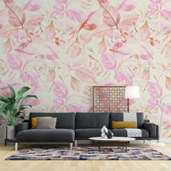 Tapet personalizat watercolor cu frunze roz pe fundal deschis pink leaves