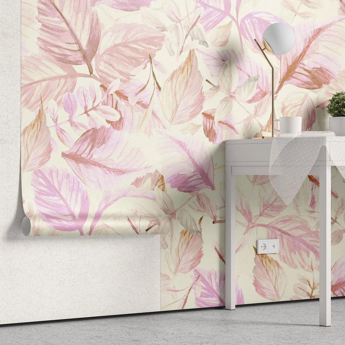 Tapet personalizat watercolor cu frunze roz pe fundal deschis pink leaves