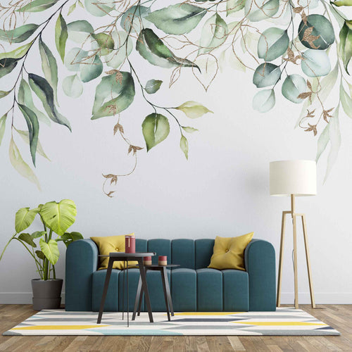 Tapet personalizat watercolor cu frunze verzi cu detalii aurii pe fundal alb aesthetic leaves glitter details