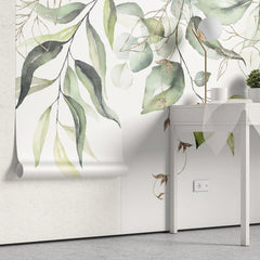 Tapet personalizat watercolor cu frunze verzi cu detalii aurii pe fundal alb aesthetic leaves glitter details