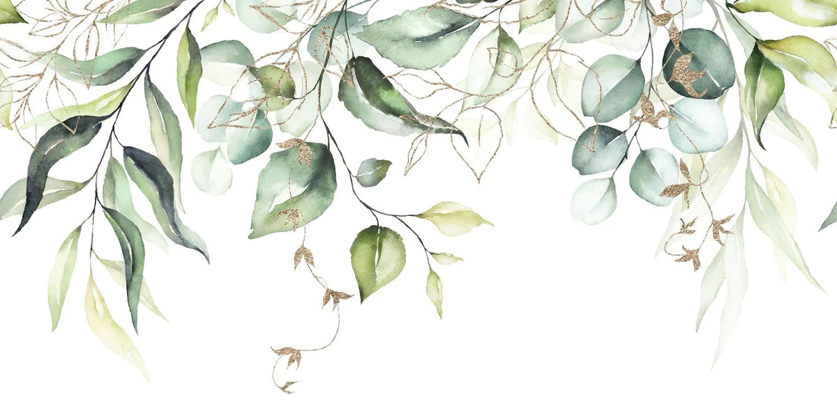Tapet personalizat watercolor cu frunze verzi cu detalii aurii pe fundal alb aesthetic leaves glitter details