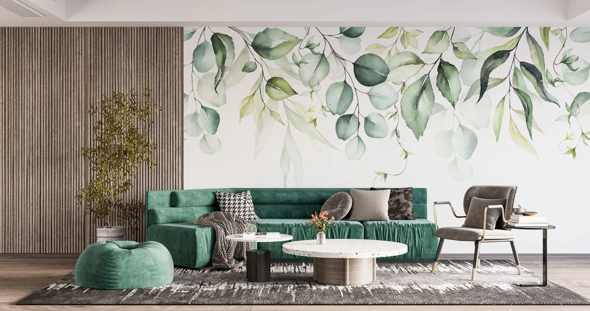 Fototapet personalizat watercolor cu frunze verzi pe fundal alb aesthetic leaves