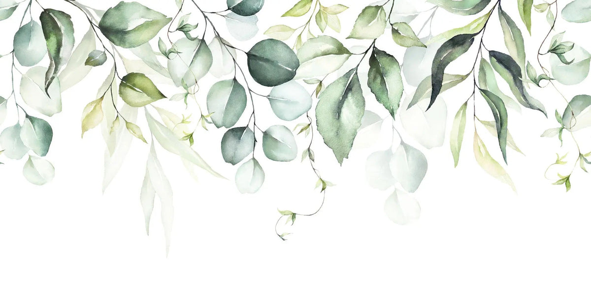 Fototapet personalizat watercolor cu frunze verzi pe fundal alb aesthetic leaves