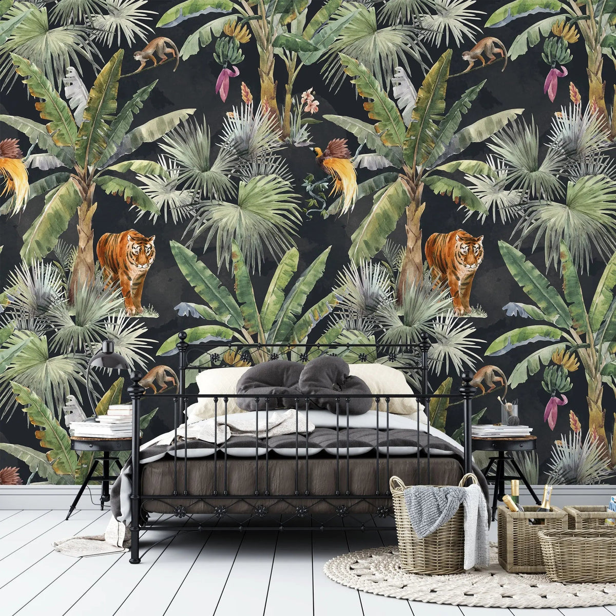 Tapet personalizat watercolor cu jungla si plante tropicale pe un fundal inchis watercolor jungle