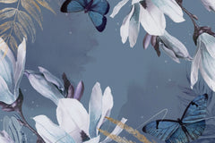 Tapet personalizat watercolor cu fluturi albastri si flori pe un fundal inchis blue butterfly