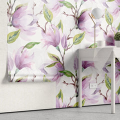 Tapet personalizat watercolor cu flori de magnolie mov purple magnolia