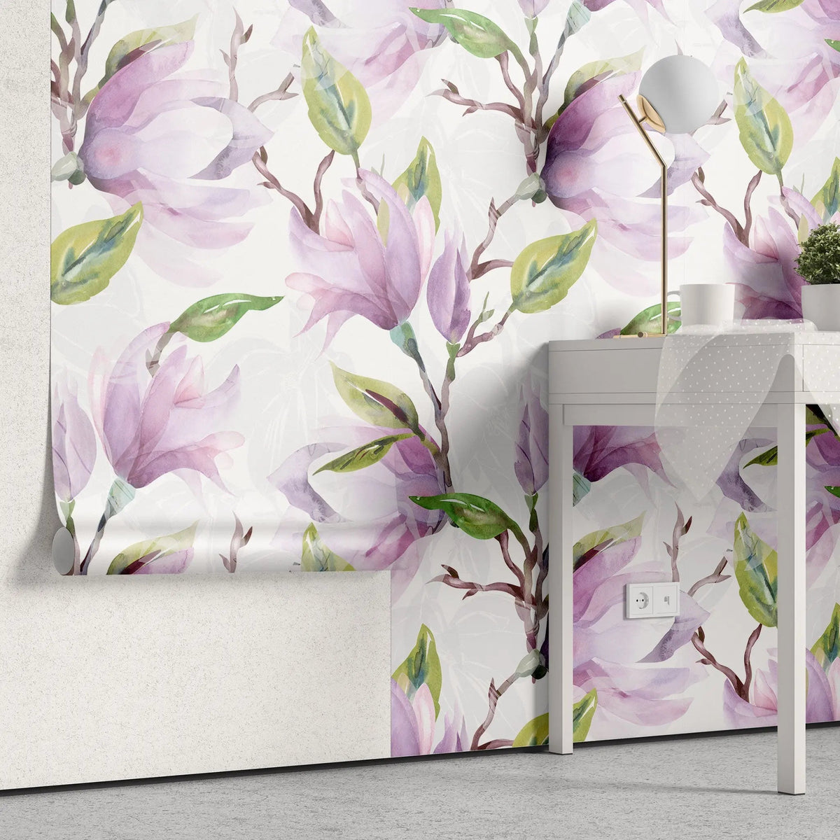 Tapet personalizat watercolor cu flori de magnolie mov purple magnolia