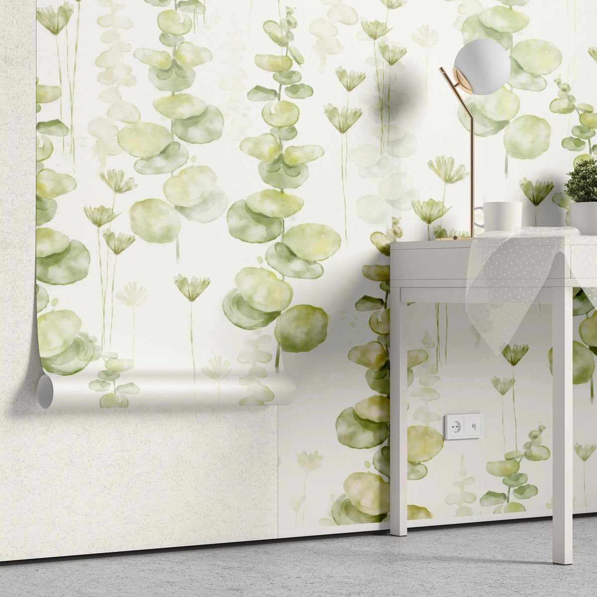 Tapet personalizat watercolor cu frunze de eucalipt pe un fundal alb eucalipt leaves