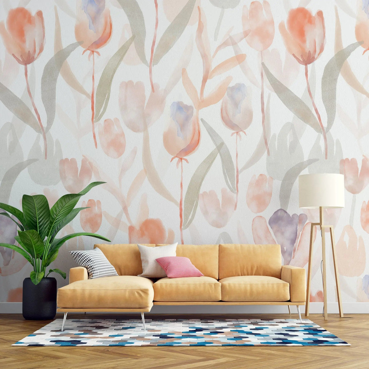 Tapet personalizat watercolor cu lalele rosii pe fundal alb red tulips