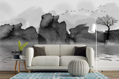 Tapet personalizat watercolor cu pictura cu lac munti si barca in stil watercolor in alb negru b&w lake