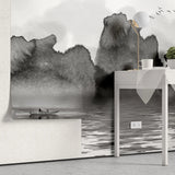 Tapet personalizat watercolor cu pictura cu lac munti si barca in stil watercolor in alb negru b&w lake