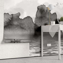 Tapet personalizat watercolor cu pictura cu lac munti si barca in stil watercolor in alb negru b&w lake
