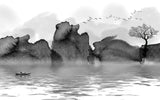 Tapet personalizat watercolor cu pictura cu lac munti si barca in stil watercolor in alb negru b&w lake