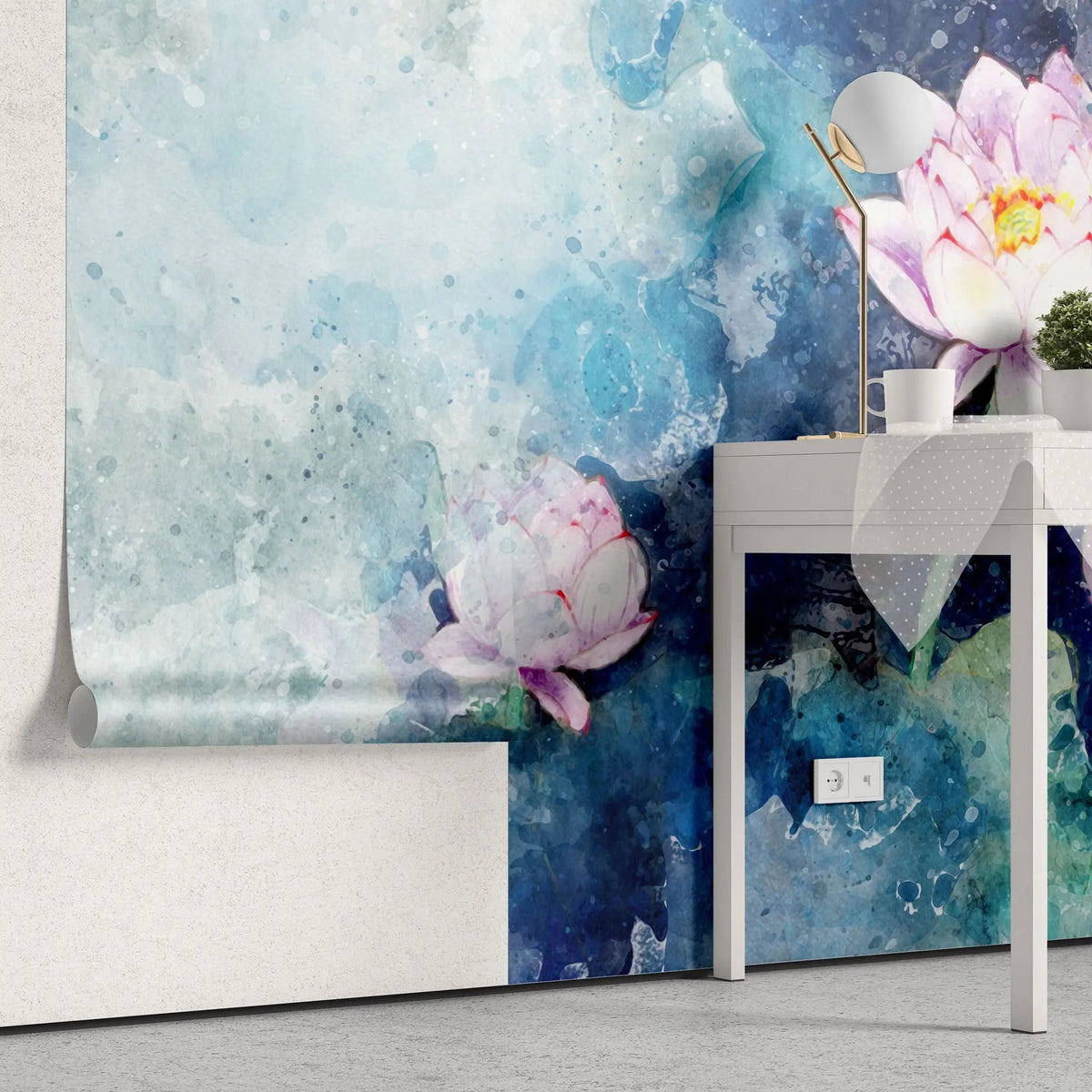 Tapet personalizat watercolor cu floare de lotus in apa pink lotus