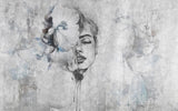 Tapet personalizat watercolor cu figura feminina cu floare in par si accente de albastru baby blue pe un fundal gri baby blue dame
