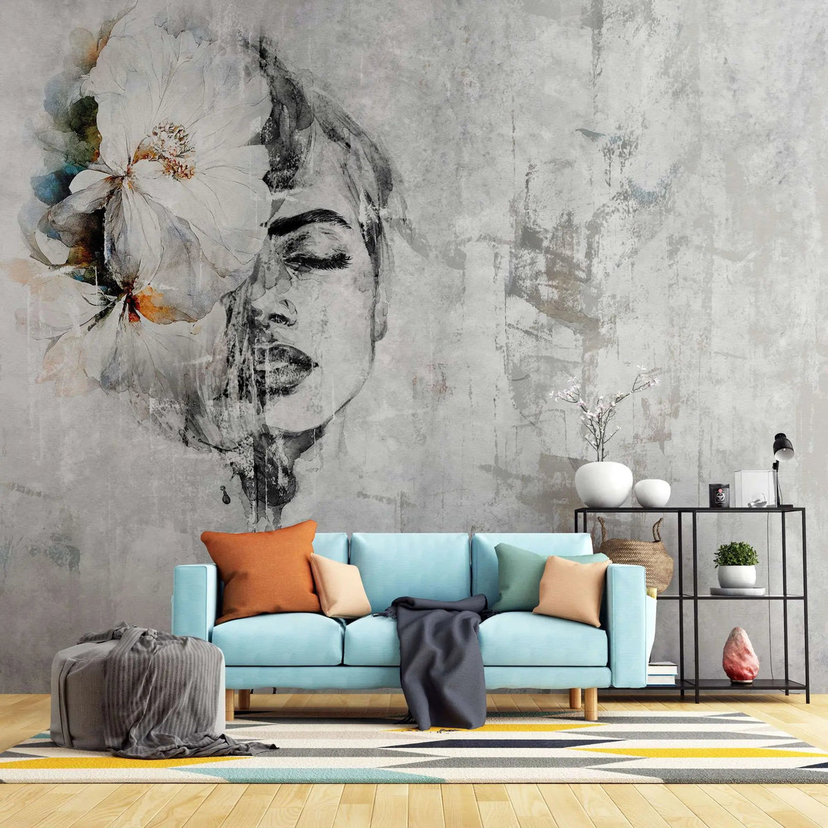 Tapet personalizat watercolor cu figura feminina cu floare in par si accente de portocaliu si albastru pe un fundal gri orange dame