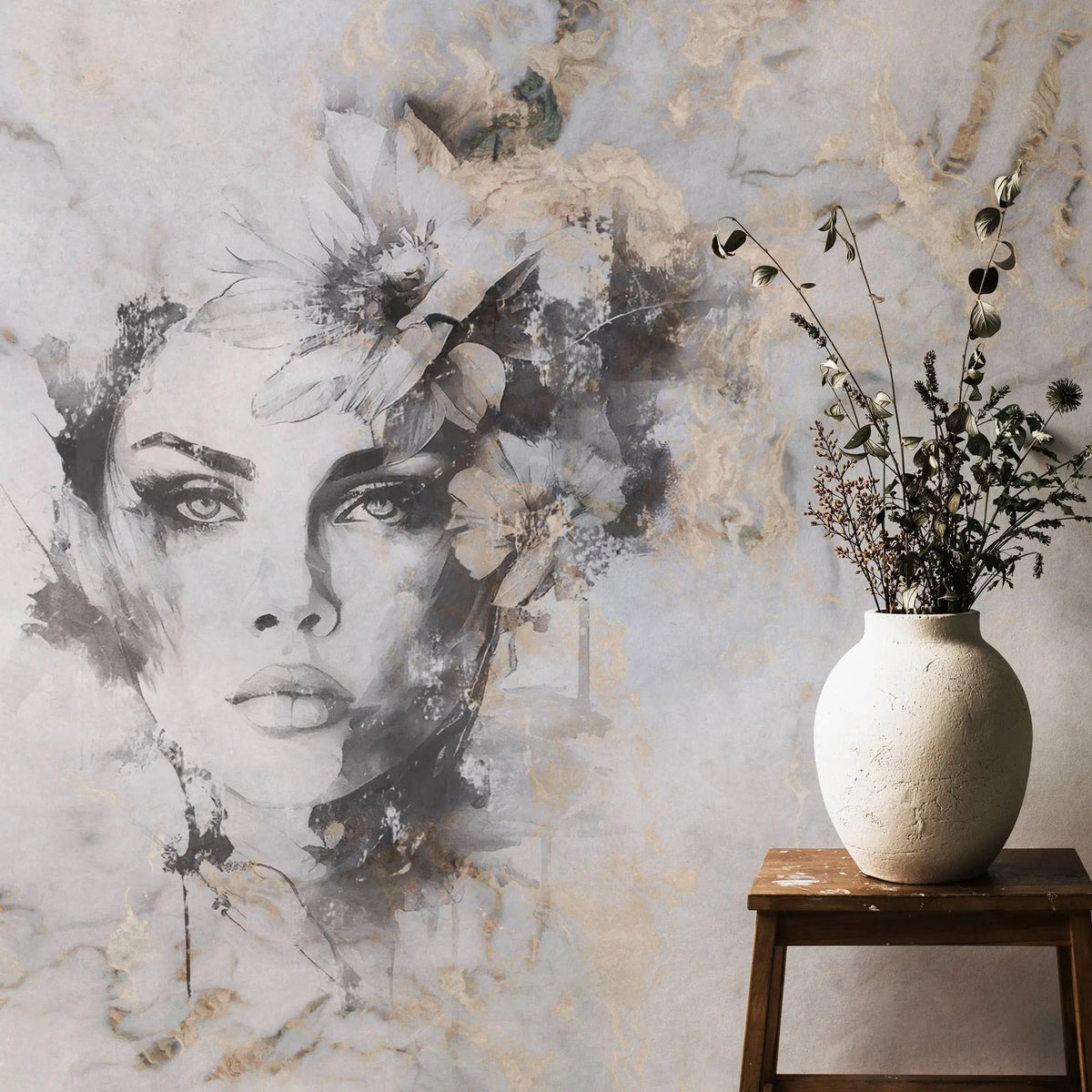 Tapet personalizat watercolor cu design feminin pictat artistic in nuante de gri si accente aurii beautiful estetic