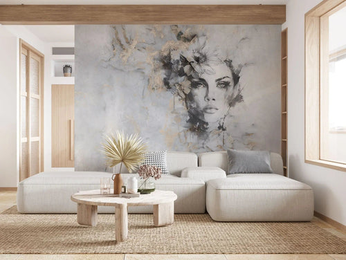 Tapet personalizat watercolor cu design feminin pictat artistic in nuante de gri si accente aurii beautiful estetic