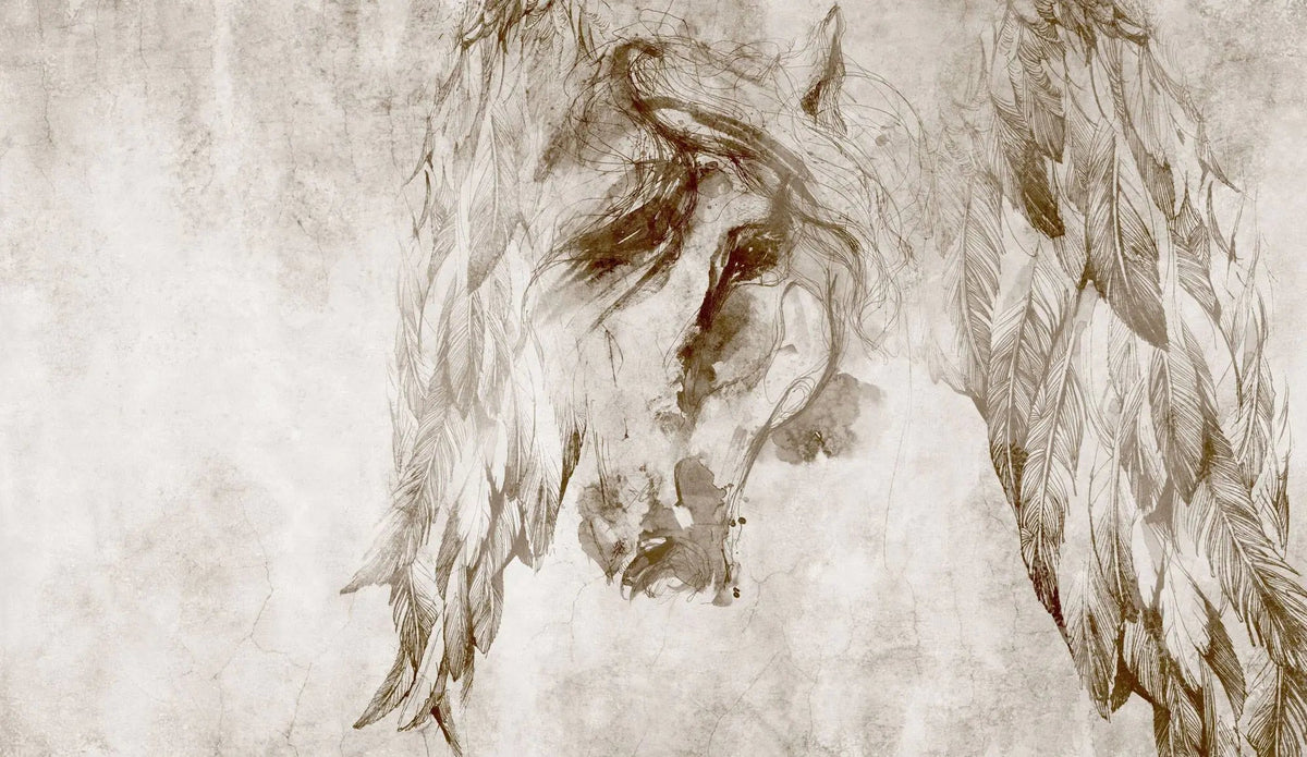 Tapet personalizat watercolor cu reprezentarea unui cal acoperit de pene pictat in stil watercolor feather horse